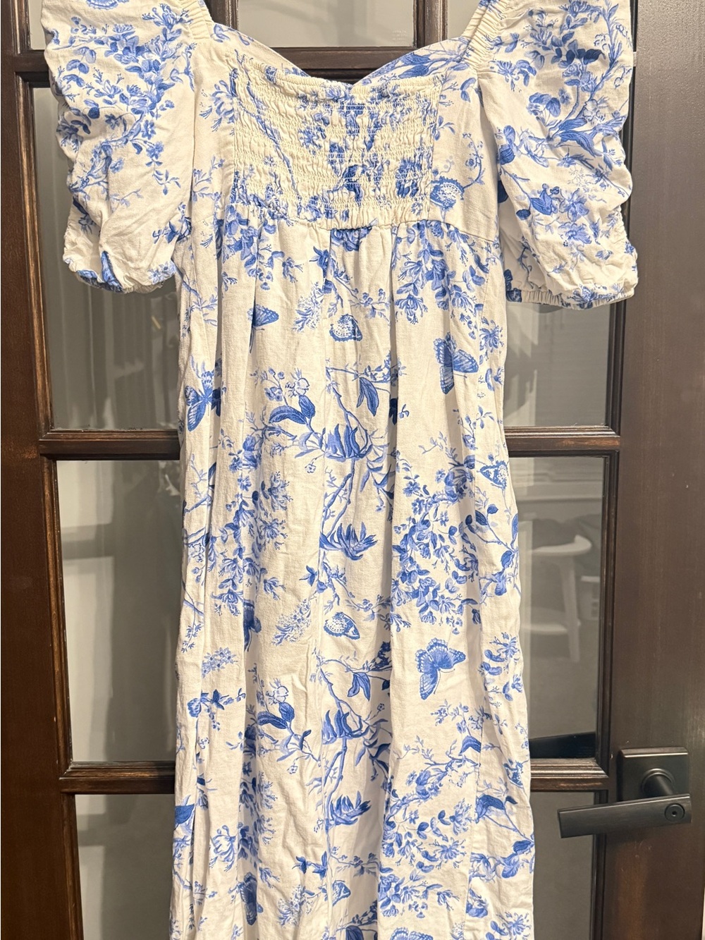 H&M Mama Maternite White Maternity Midi Dress with Blue Floral & Butterfly Print - Picture 7 of 7